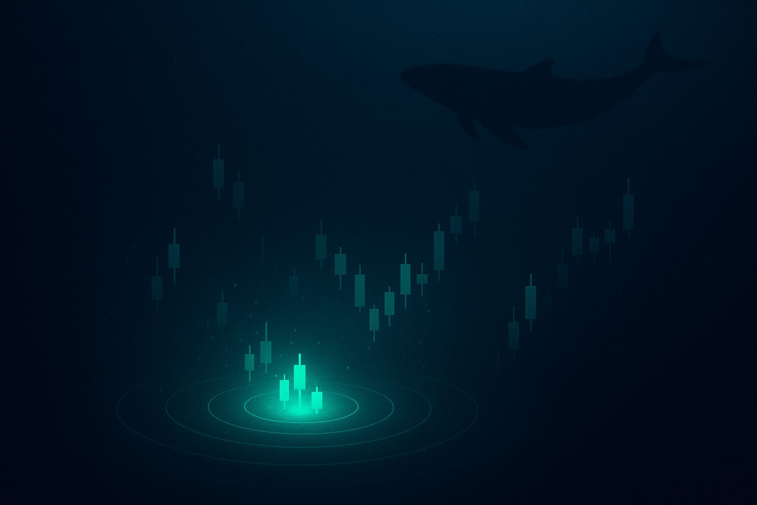 A teal sonar ping illuminating glowing candlestick bars deep underwater while a whale silhouette glides past above