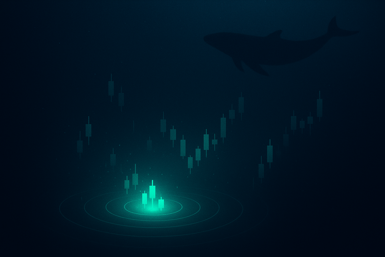 A teal sonar ping illuminating glowing candlestick bars deep underwater while a whale silhouette glides past above