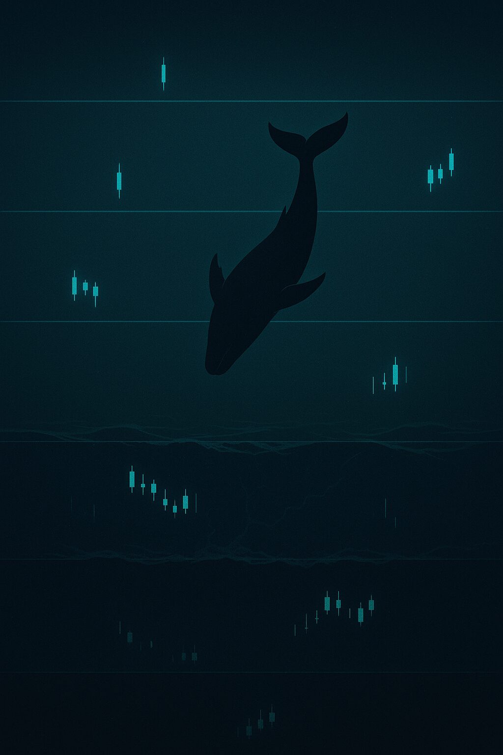 A whale diving down through layered ocean currents dotted with faint candlestick bars — mechanisms stress-tested across market regimes