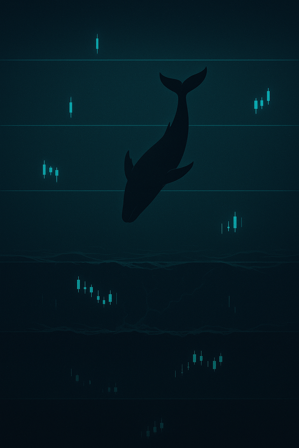 A whale diving down through layered ocean currents dotted with faint candlestick bars — mechanisms stress-tested across market regimes