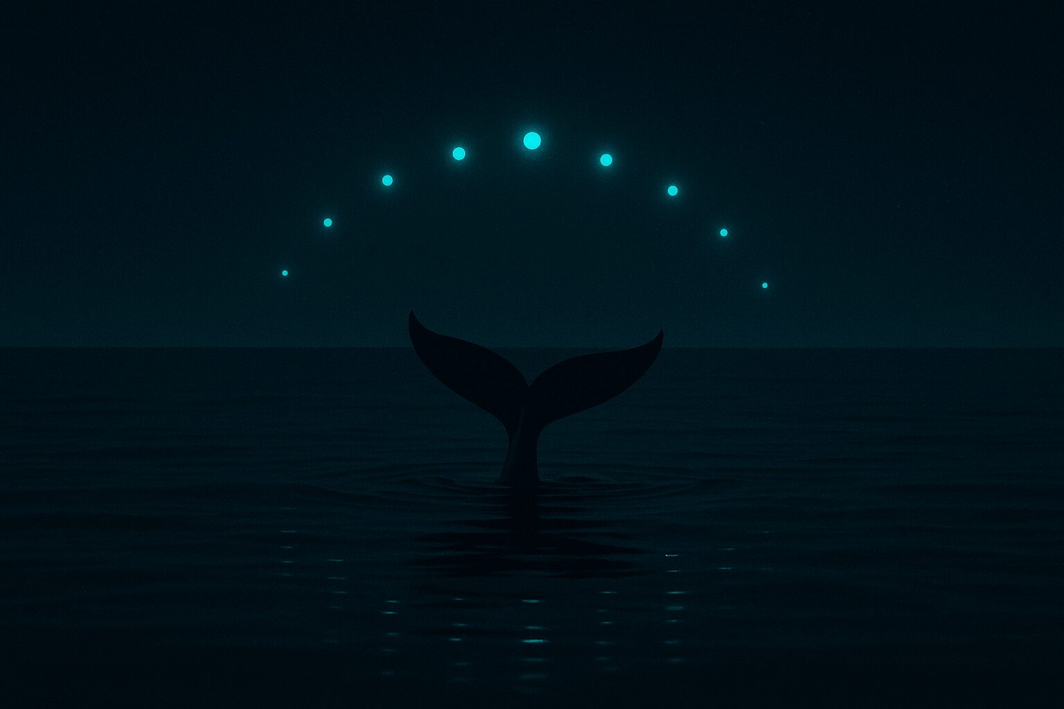 A whale tail breaking a calm night ocean beneath a rising arc of glowing signal beacons