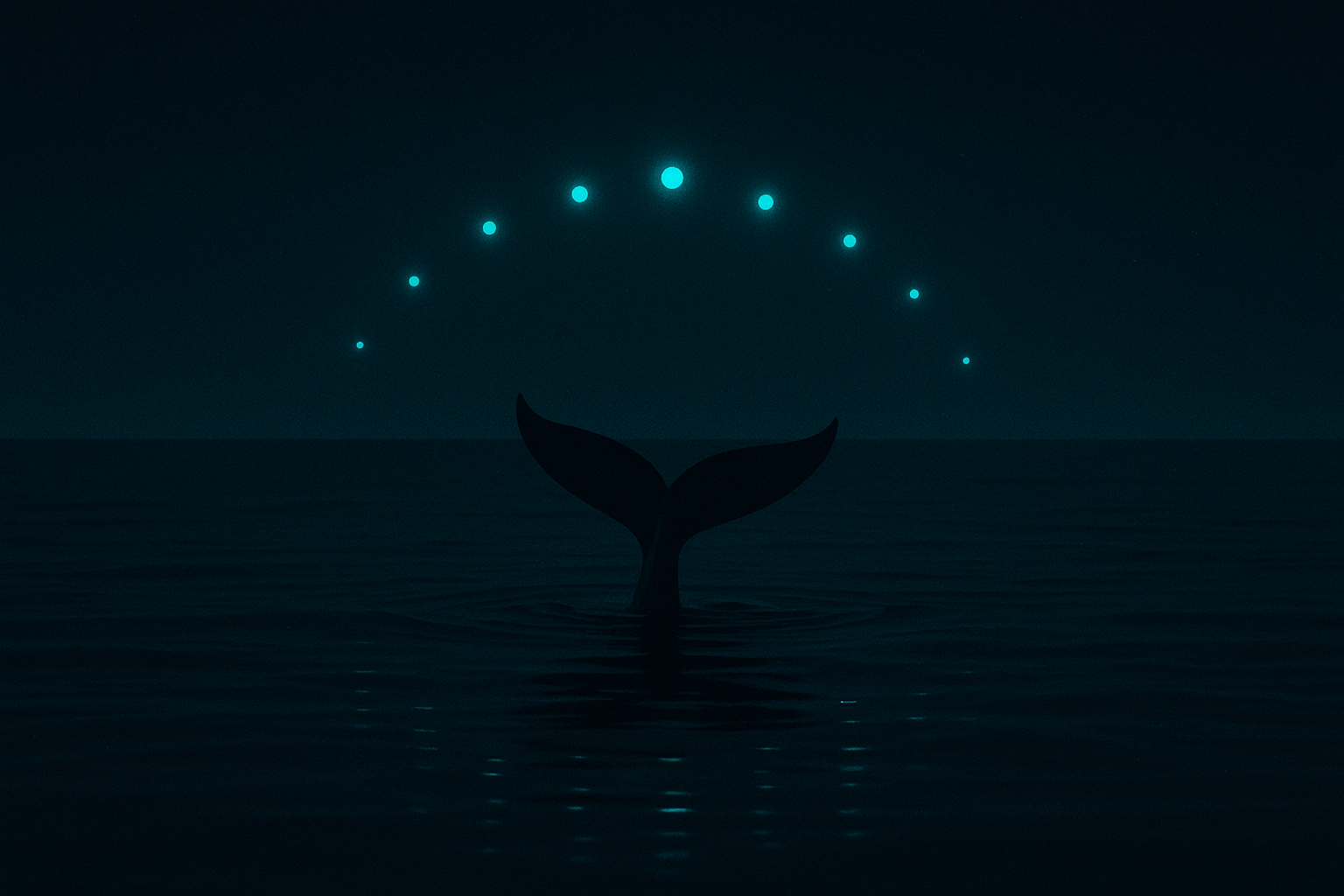 A whale tail breaking a calm night ocean beneath a rising arc of glowing signal beacons